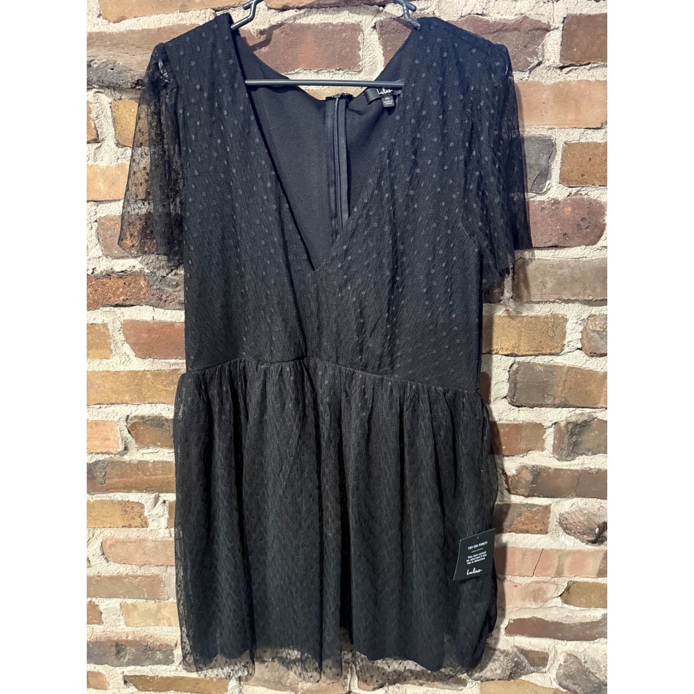 Lulus Mini Dress Womens XL Black Romantic Coquette Swiss Dot Tulle V-Neck